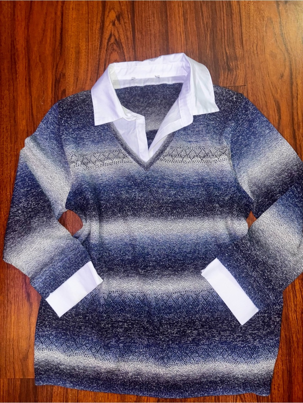 Striped V-Neck Layered-Look Sweater - Navy & Gray/ Alfred Dunner
